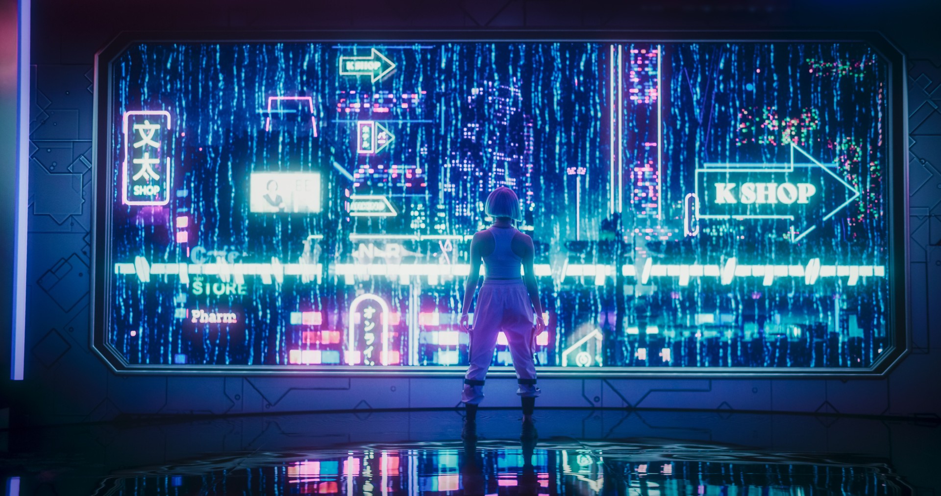 Excited Beautiful Young Female with Blue Hair Looking Out of the Window with Futuristic Urban City with Neon Lights at Night. Cyberpunk Style Reality with Advanced Autonomous Flying Transportation