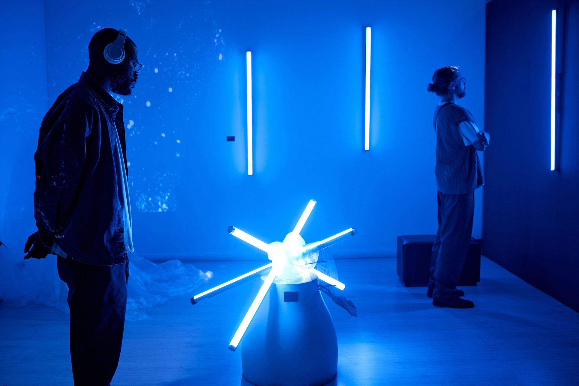 Experiencing Futuristic Art Installation with Neon Lights